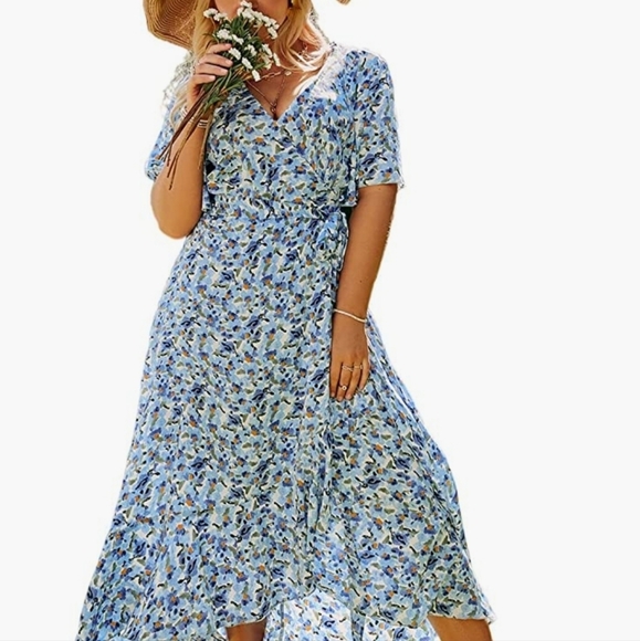 Miessial Dresses & Skirts - Miessial Plus Size Chiffon V Neck Ruffle Maxi Wrap Dress